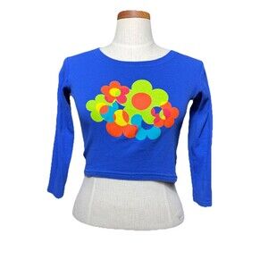 Vintage 90s Everlast Women's Flower Long Sleeve Crop Top Blue Hippie USA Made